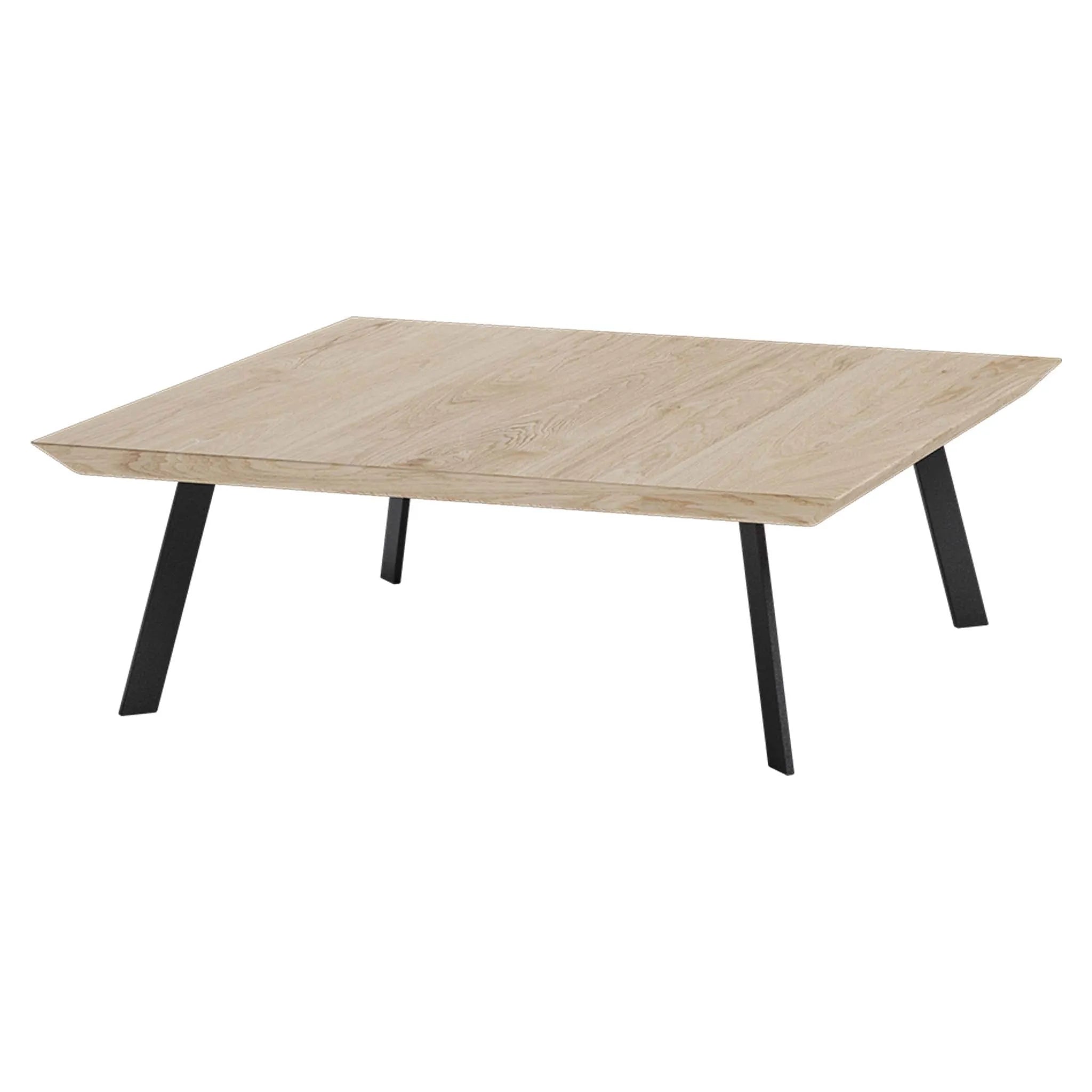 Vierkante eiken salontafel met stalen schuine poot