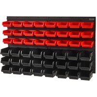 VEVOR stapelboxen, 48-container onderdelenrek organizer voor garage, kunststof gereedschapsrek met wandpanelen, gereedschapsorganizer voor moeren, bouten, schroeven, spijkers, kralen, knopen, zwart en rood