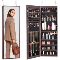 VEVOR afsluitbare sieradenkast 108 cm hoog, sieradenopbergruimte met lange spiegel, aan de muur te bevestigen sieradenspiegelorganizer met led-binnenverlichting en fluwelen voering, bruin